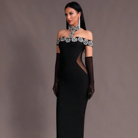 Women’s High Neck Embellished Bodycon Dress XS-XL - Picture 3 of 5